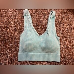 Zenana Stone Washed Ribbed Padded V-Neck Soft Blue Bralette